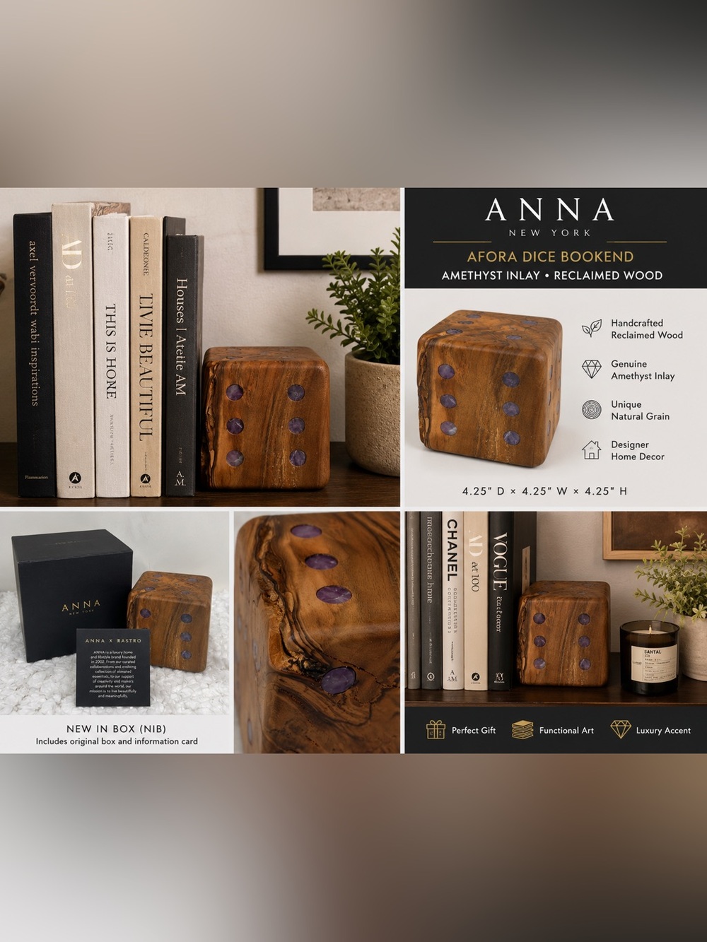 ANNA New York RASTRO Afora Dice Bookend Amethyst Inlay Reclaimed Wood Sculpture